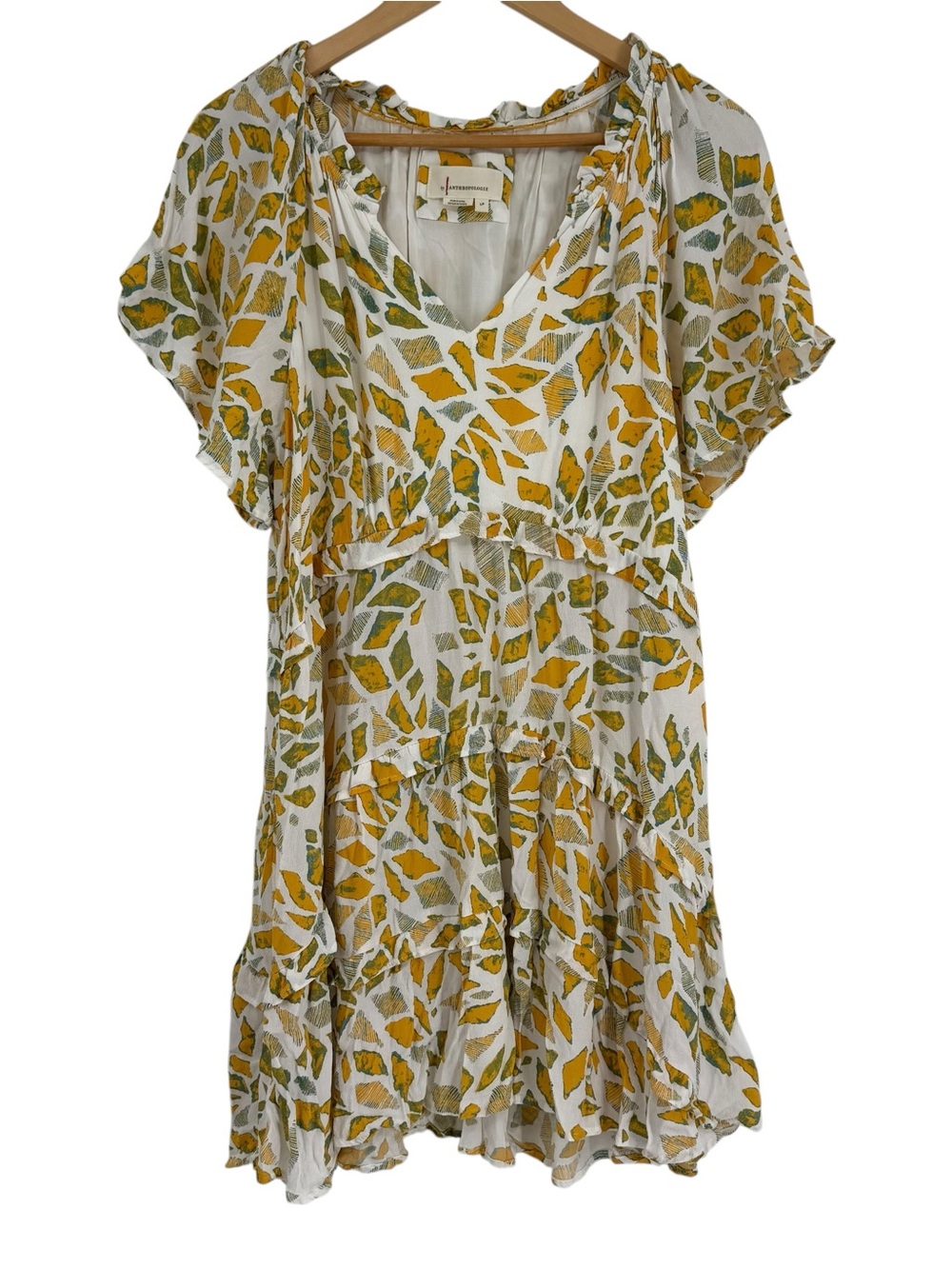 Anthropologie Women’s Size LP Yellow White Tiered Mini Dress Geometric Print